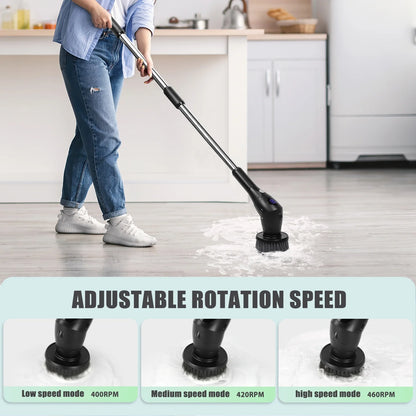 Electric Spin Scrubber Cordless, 3-Speed with 7 Brush Heads & 42.5" Handle – Power Scrubber for Bathroom, Kitchen, Tile, Tub, Shower – Black