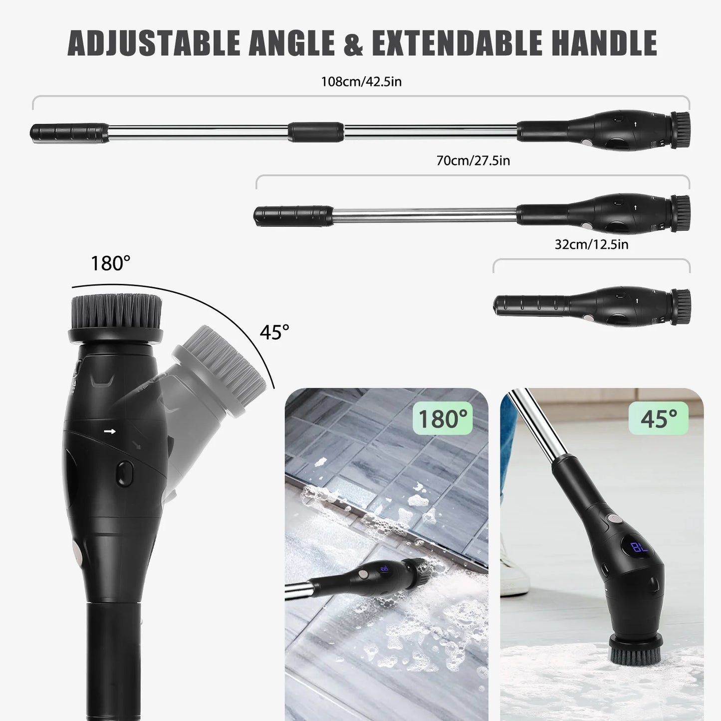 Electric Spin Scrubber Cordless, 3-Speed with 7 Brush Heads & 42.5" Handle – Power Scrubber for Bathroom, Kitchen, Tile, Tub, Shower – Black