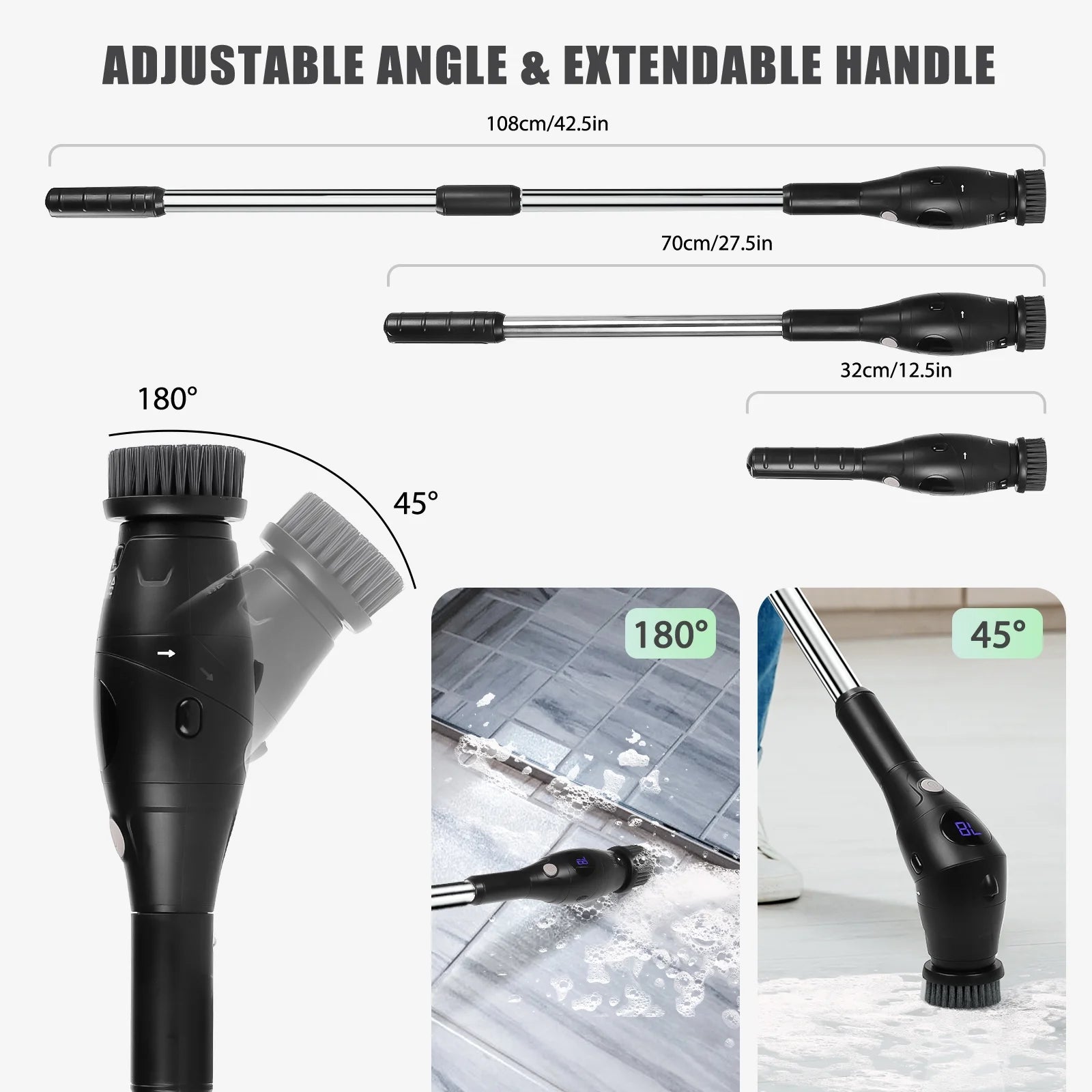 Electric Spin Scrubber Cordless, 3-Speed with 7 Brush Heads & 42.5" Handle – Power Scrubber for Bathroom, Kitchen, Tile, Tub, Shower – Black