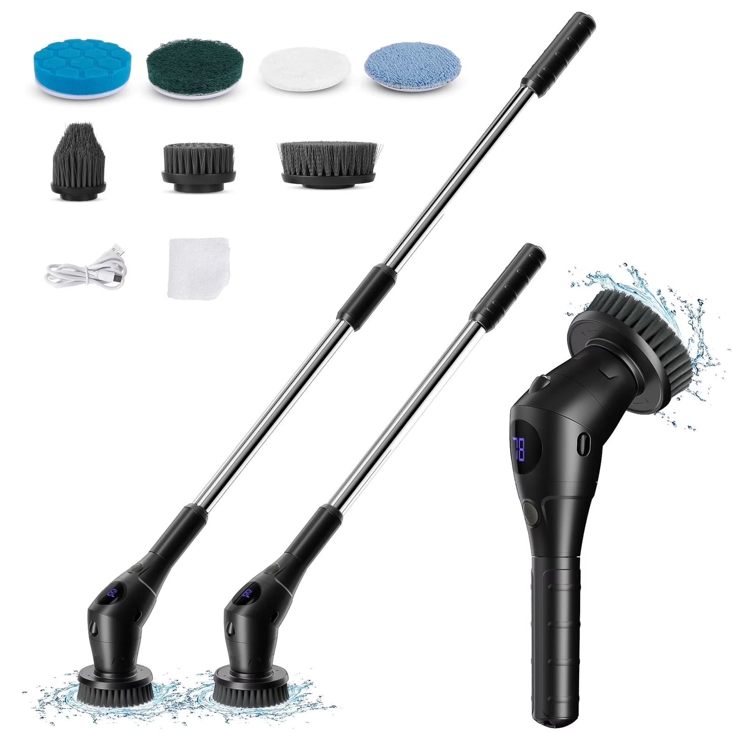 Electric Spin Scrubber Cordless, 3-Speed with 7 Brush Heads & 42.5" Handle – Power Scrubber for Bathroom, Kitchen, Tile, Tub, Shower – Black