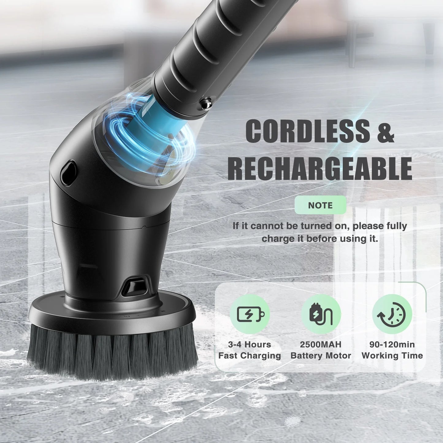 Electric Spin Scrubber Cordless, 3-Speed with 7 Brush Heads & 42.5" Handle – Power Scrubber for Bathroom, Kitchen, Tile, Tub, Shower – Black