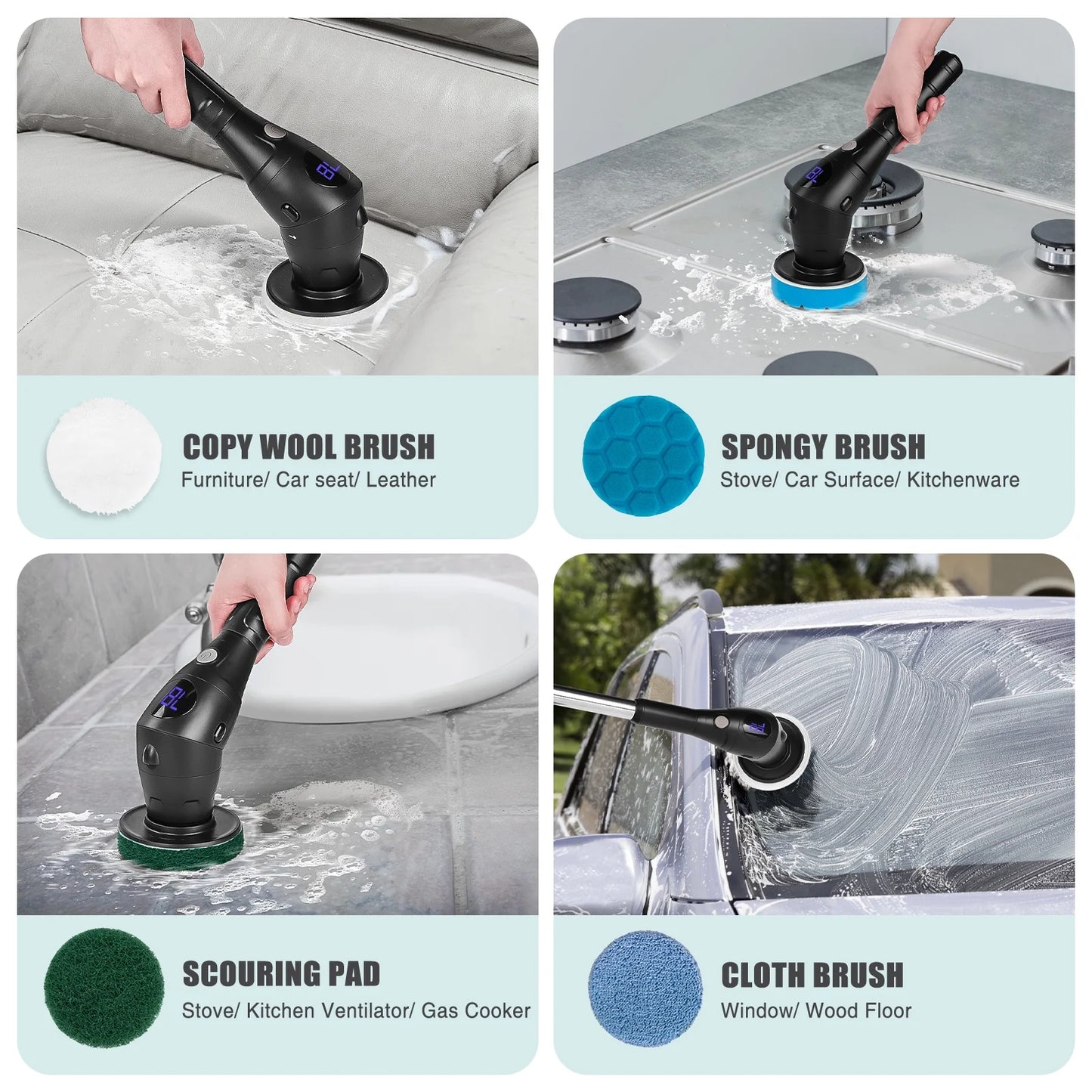 Electric Spin Scrubber Cordless, 3-Speed with 7 Brush Heads & 42.5" Handle – Power Scrubber for Bathroom, Kitchen, Tile, Tub, Shower – Black