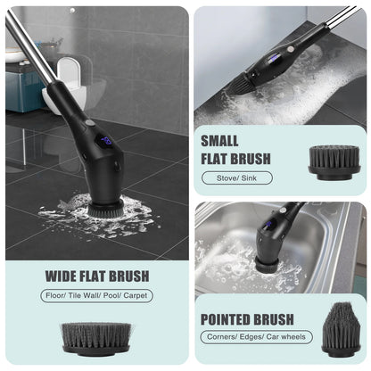 Electric Spin Scrubber Cordless, 3-Speed with 7 Brush Heads & 42.5" Handle – Power Scrubber for Bathroom, Kitchen, Tile, Tub, Shower – Black
